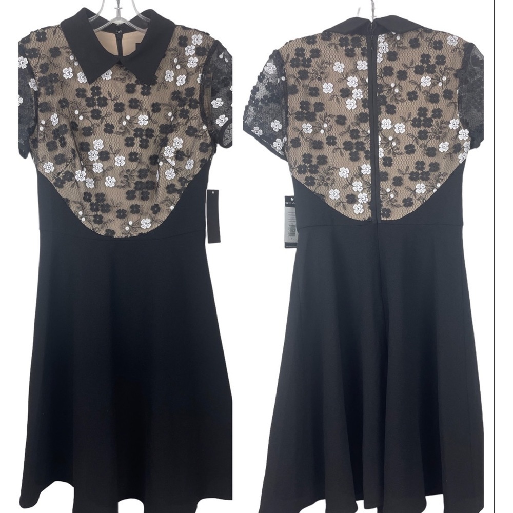NEW SHANI FIT AND FLARE COLLARED FLORAL APPLIQUE NUDE & BLACK DRESS Size 2